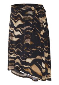 Gonna multicolore in nero, marrone e beige con un motivo a stampa animale ondulato. Presenta una cintura da legare in vita e una silhouette fluida.