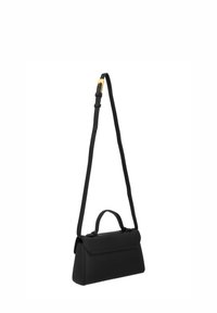 Schwarze Lederhandtasche mit strukturiertem Design, oberem Griff und verstellbarem Riemen. Verfügt über einen Klappenverschluss und eine strukturierte Oberfläche. Akzente aus goldfarbenem Metall.