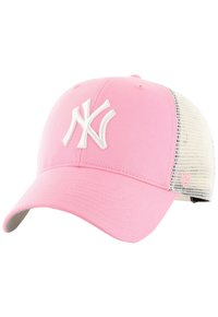 Pink baseball cap with white embroidered logo, featuring a solid front and mesh back, curved brim, and adjustable strap.