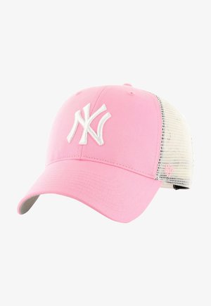 Pink baseball cap with white embroidered logo, featuring a solid front and mesh back, curved brim, and adjustable strap.