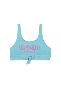 Top corto azzurro chiaro con dettaglio di nodo davanti, testo stampato in rosa che dice "SUNNY*DAYS al mare," realizzato in tessuto elasticizzato.