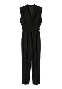 Černý bezrukávový overal s přizpůsobeným střihem, opaskem v pase a širokými nohavicemi, s klopovým límečkem a hladkým povrchem.