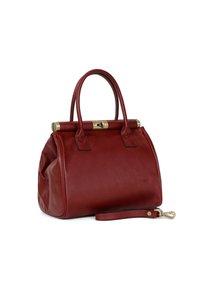 Borsa a mano in pelle rossa con forma strutturata, manici superiori e tracolla rimovibile. Presenta dettagli in metallo dorato e una superficie liscia.
