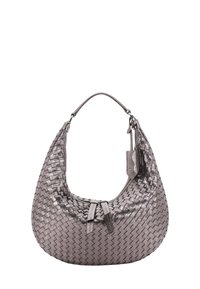 Metallic gray woven leather handbag with a rounded shape, a single strap, and two fabric ties at the front. Features a small attached tag.