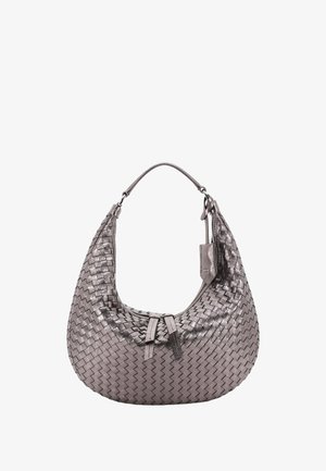 Metallisch graue geflochtene Lederhandtasche mit runder Form, einem einzigen Tragegurt und zwei Stoffbindern an der Vorderseite. Verfügt über ein kleines angehängtes Etikett.