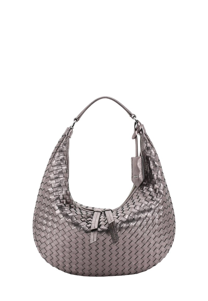 Metallic gray woven leather handbag with a rounded shape, a single strap, and two fabric ties at the front. Features a small attached tag.