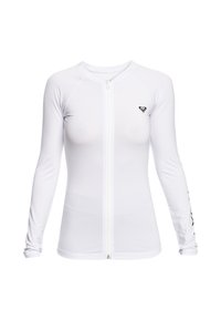 White long-sleeve rash guard with front zipper, round neckline, and black logo on the chest. Smooth and stretchy fabric with slender fit.