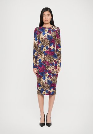 Langemouwen jurk in een aansluitend ontwerp, met een multicolore bloemen- en luipaardprintpatroon, met een lengte tot de knie en een gladde textuur.
