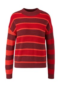 Rot-orange gestreifter Strickpullover mit einem gerippten Rundhalsausschnitt und langen Ärmeln. Verfügt über unterschiedlich breite Streifen in einem strukturierten Muster.