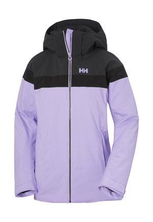 Paarse en zwarte ritsjack met een capuchon. Voorzien van contrasterende kleurblokken en een merklogo op de borst. Glad, waterdicht materiaal.