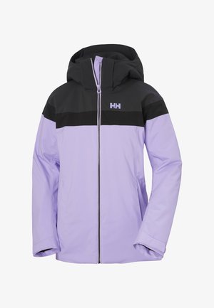 Paarse en zwarte ritsjack met een capuchon. Voorzien van contrasterende kleurblokken en een merklogo op de borst. Glad, waterdicht materiaal.