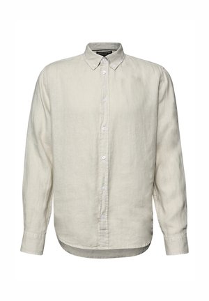 Chemise boutonnée en lin beige à manches longues, avec col pointu et ourlet arrondi, conçue pour un usage masculin décontracté ou formel.