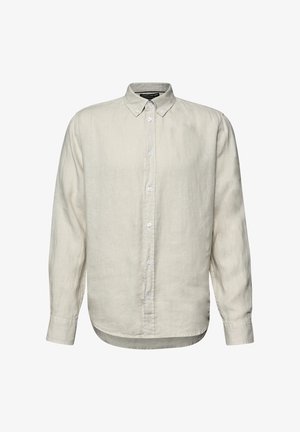 Béžová lněná košile s dlouhým rukávem na knoflíky, s špičatým límečkem a zaobleným okrajem, určená pro pánské neformální nebo formální nošení.