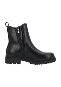Botas de tobillo de cuero negro con cremalleras laterales, suela de goma gruesa y un lazo en el talón. Textura suave, diseño elegante y forma casual.