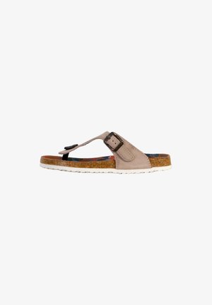 Light pink flip-flop sandal with a buckle closure, cork footbed, and white outsole. Features a patterned insole for added detail.