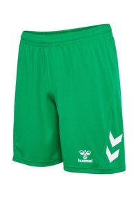 Pantaloni sportivi verdi realizzati in tessuto leggero e traspirante. Vita elastica con logo bianco e dettagli a chevron bianchi sui lati.