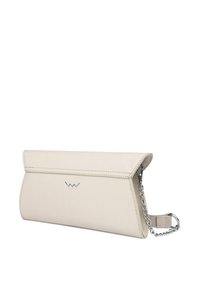 Beige clutch bag made of textured synthetic material. Features a fold-over flap, silver hardware, and a detachable chain strap.