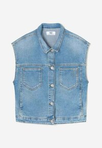 Lichtblauwe denim mouwloze jas, met een puntige kraag, sluitingen met knopen aan de voorkant, twee borstzakken en lichte slijtage-details.