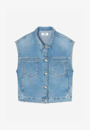 Lichtblauwe denim mouwloze jas, met een puntige kraag, sluitingen met knopen aan de voorkant, twee borstzakken en lichte slijtage-details.