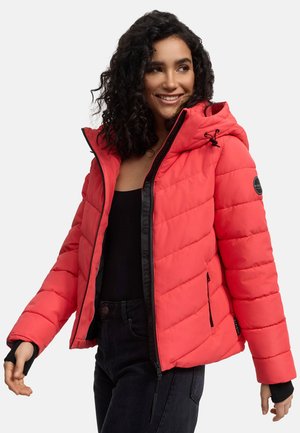 Red quilted puffer jacket with a fitted hood, black zip closure, and side pockets. Features contrasting black accents and textured sleeves.