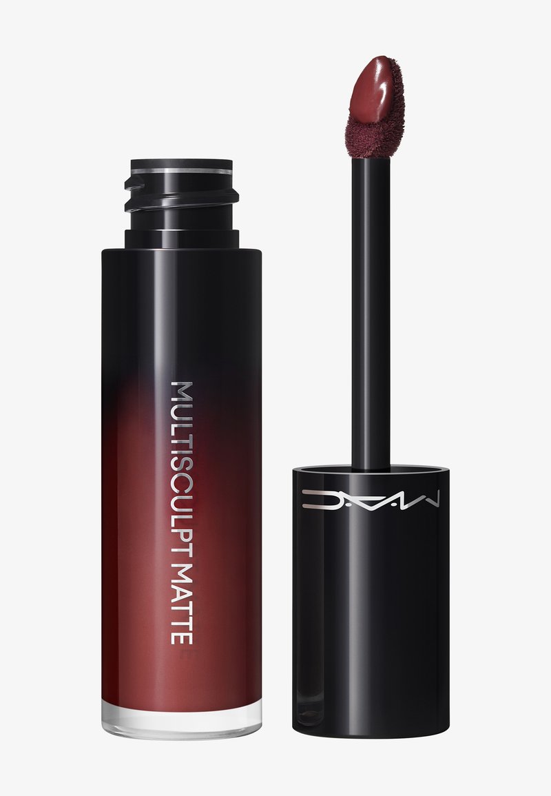 Dark red liquid matte lipstick with black cylindrical container and angled applicator wand, labeled "Multisculpt Matte" and "MAC."