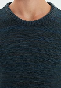 Pull col rond tricoté en nuances de bleu foncé et noir, présentant un fil texturé et un col côtelé. Le design met en avant un motif de rayures subtiles.