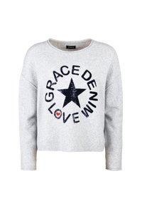 Grauer, getroffener Sweatshirt mit langen Ärmeln, versehen mit einem schwarzen Stern-Design und dem Text "GRACE DENIM LOVE" in fetten, gestickten Buchstaben.