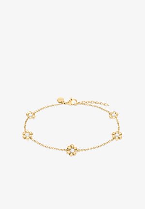 Bracelet en chaîne d'or délicate avec cinq petits charms en forme de fleurs, chacun ornée d'un centre en perle blanche et d'une fermeture à mousqueton.