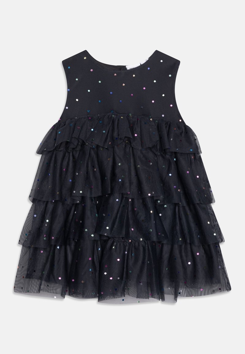 Robe noire sans manches pour tout-petit, avec des volants superposés et des pois en sequins multicolores sur un tissu translucide.