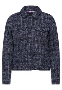 Giacca in tweed blu navy con motivo texture, chiusure a bottone e due tasche frontali; presenta un collo a camicia e maniche corte.