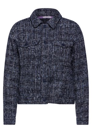Veste en tweed bleu marine avec un motif texturé, fermeture à boutons et deux poches avant ; dispose d'un col et de manches courtes.