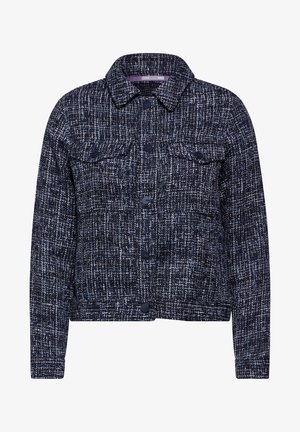 Námořnický modrý tvídový sako s texturovaným vzorem, s knoflíkovým zapínáním a dvěma předními kapsami; má límečkový výstřih a zkrácené rukávy.