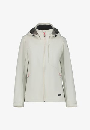 Lightweight, cream softshell jacket with a hood, full front zipper, pink accents, two side pockets, and a smooth texture.