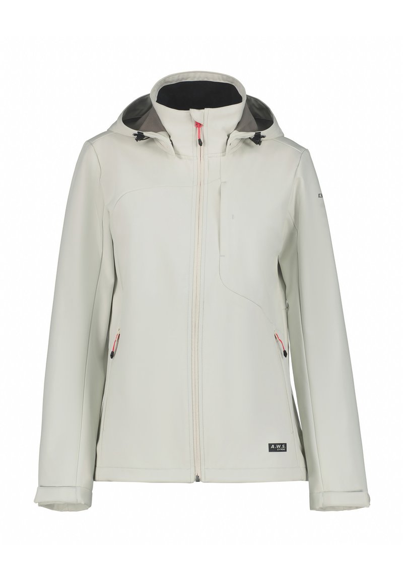 Giacca softshell leggera, in crema, con cappuccio, zip frontale completa, dettagli rosa, due tasche laterali e una texture liscia.