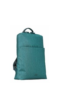 Sac à dos teal avec un tissu texturé, de forme rectangulaire, poche frontale et anse supérieure. Dispose d'une fermeture éclair et de bretelles réglables.