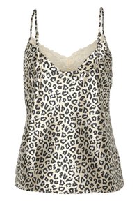 Leopardmuster-Top aus satinierter Baumwolle mit dünnen Trägern und einem V-Ausschnitt mit Spitzenbesatz. Farben sind Creme, Schwarz und Goldtöne.