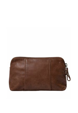 Brown leather zippered pouch with wrist strap, rectangular shape, and subtle embossed brand name "still" on front.
