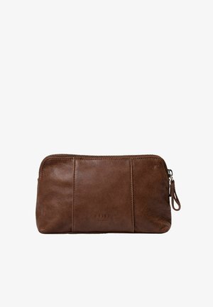 Pruun nahast lukuga kotike randmerihmaga, risttahukas kuju ja esiküljel diskreetne reljeefne kaubamärgi nimi "still".