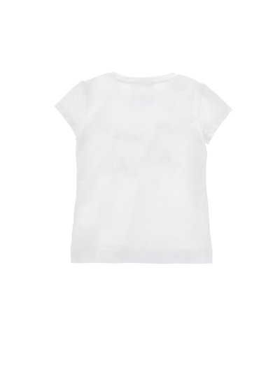 Απλό λευκό κοντομάνικο μπλουζάκι με στρογγυλή λαιμόκοψη, εμφανιζόμενο από πίσω σε λευκό φόντο.