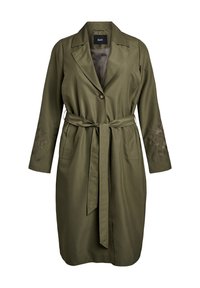 Olijfgroene trenchcoat met een riem, lange mouwen, geknopt kraag en geborduurde bloemmotieven op de mouwen. Glad materiaal, twee zakken.