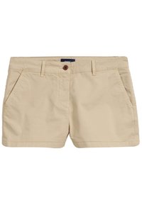 Pantaloni corti khaki in cotone, dotati di due tasche laterali, chiusura con un solo bottone e taglio dritto. Tessuto liscio con cuciture minime.