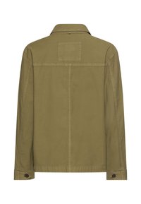 Khakigrøn langærmet jakke med knaplukning ved ærmerne, synlige sømdetaljer og krave, vist bagfra på en hvid baggrund.