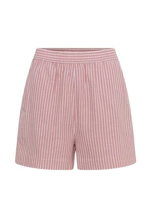 Pantaloni scurți roz cu dungi verticale albe și o talie elastică, concepuți pentru purtare casual.