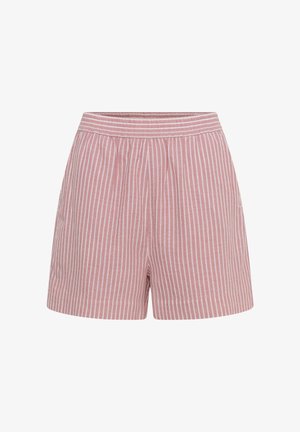 Pink shorts with white vertical stripes and an elastic waistband, designed for casual wear.