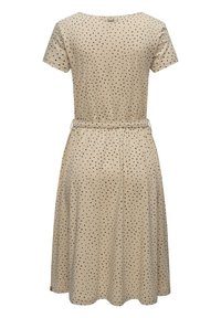 Beige, rövid ujjú ruha fekete pöttyökkel, kerek nyakkal, gumis derékkal és térd felett végződő, bővülő szoknyával.