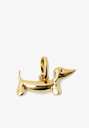 Gold-tone charm in the shape of a dachshund with a smooth, shiny finish. Features rounded body and distinct elongated snout and ears.