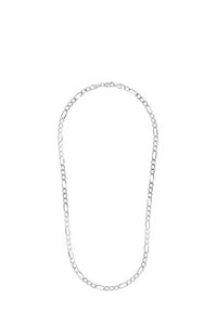 Collana in argento tipo Figaro con anelli ovali e circolari, dotata di chiusura a moschettone, mostrata su uno sfondo bianco.