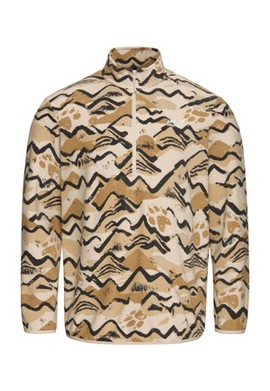 Beiger Fleecepullover mit braunem und schwarzem Bergwellenmuster, ausgestattet mit halbem Reißverschlusskragen, langen Ärmeln und einem kleinen Logo auf der Brust.