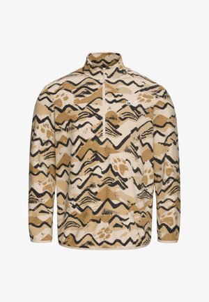 Pullover in pile beige con motivo a onde montuose marroni e nere, con colletto a mezza zip, maniche lunghe e piccolo logo sul petto.