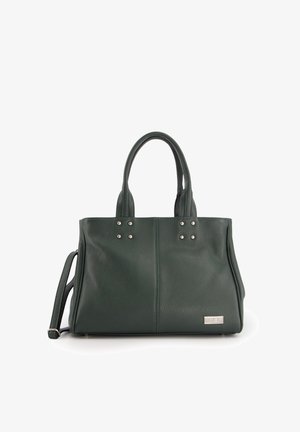 Grüne Lederhandtasche mit doppelten Obergriffen, Nietenakzenten, rechteckiger Form, strukturiertem Finish und einem verstellbaren Schultergurt.